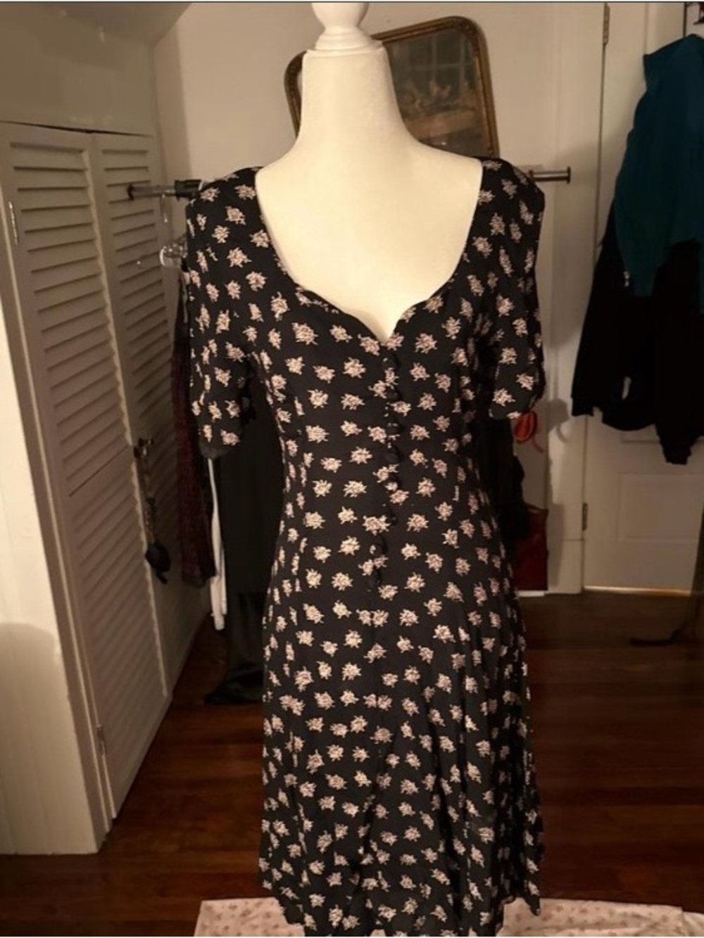 Black Floral Button-Front Midi Dress